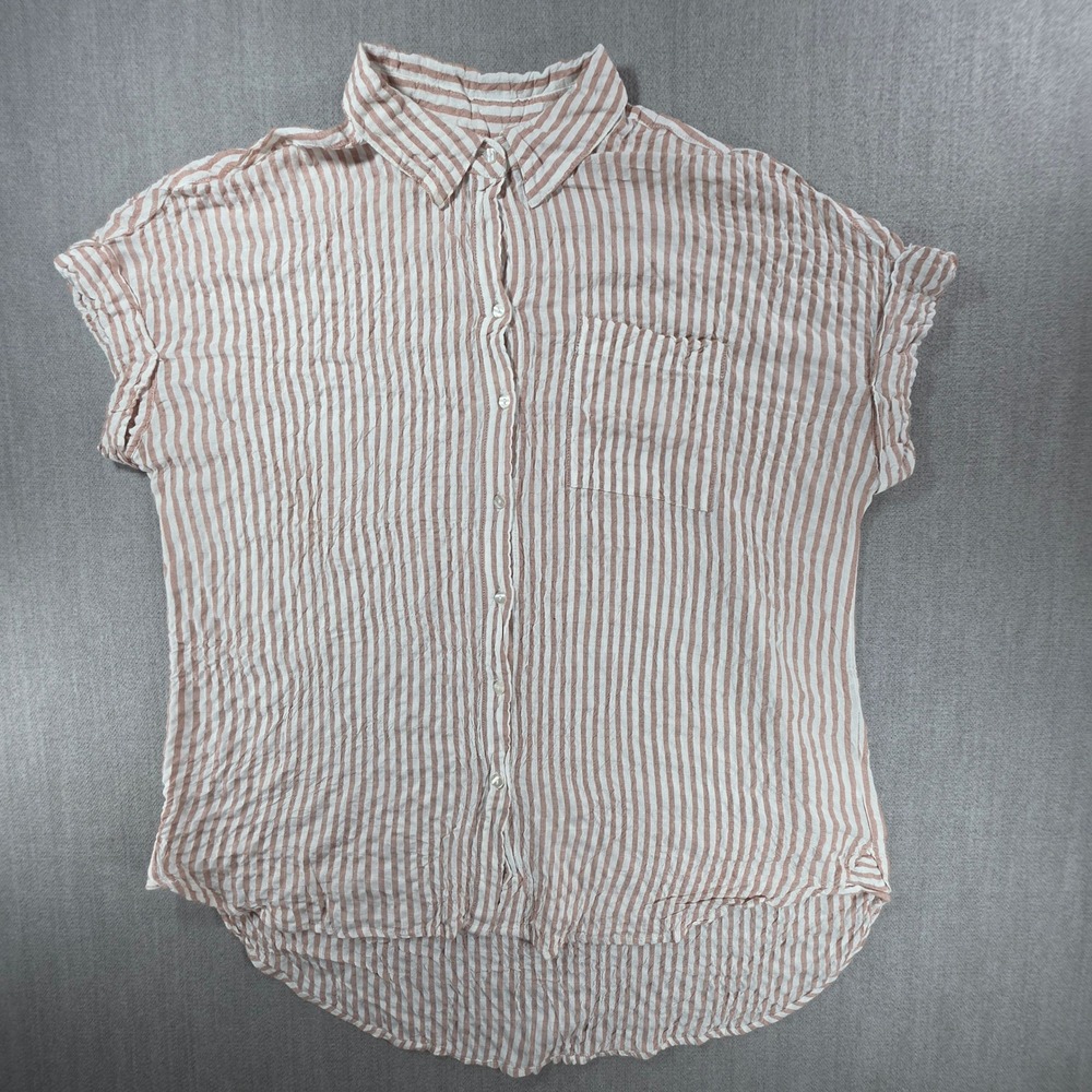 Jane + Delancey Button Down Women Large Tan White Striped Short Sleeve High Low